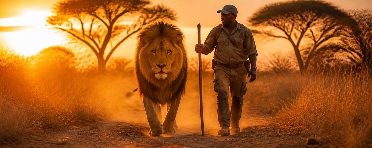 Guests walking with lions at Ukutula on a golden savanna path