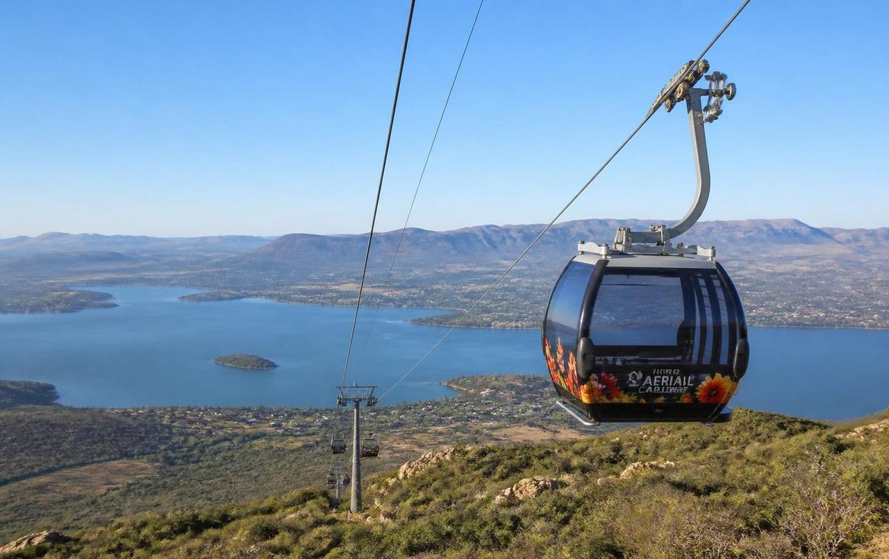 Cable car rising above Hartbeespoort Dam with lunch views over the water and Magaliesberg mountains