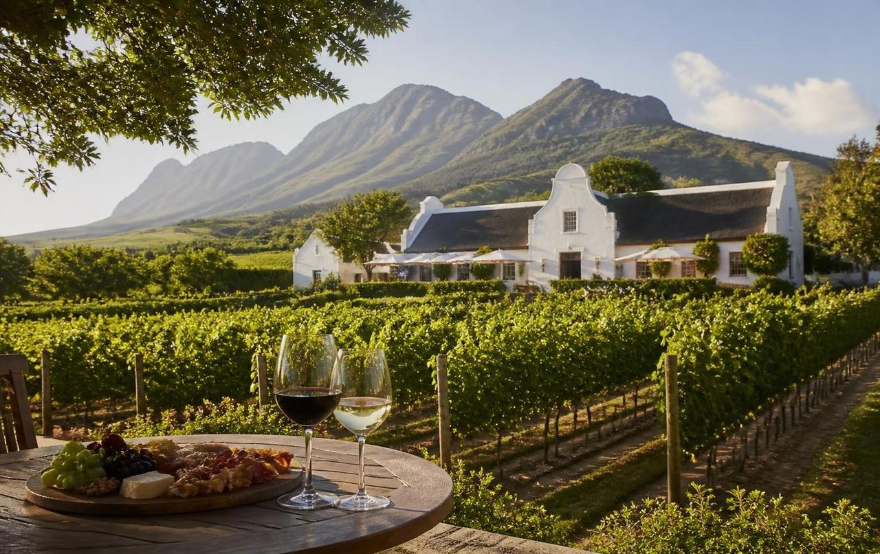 Cape Dutch wine estate with vineyards and mountains in the Cape Winelands