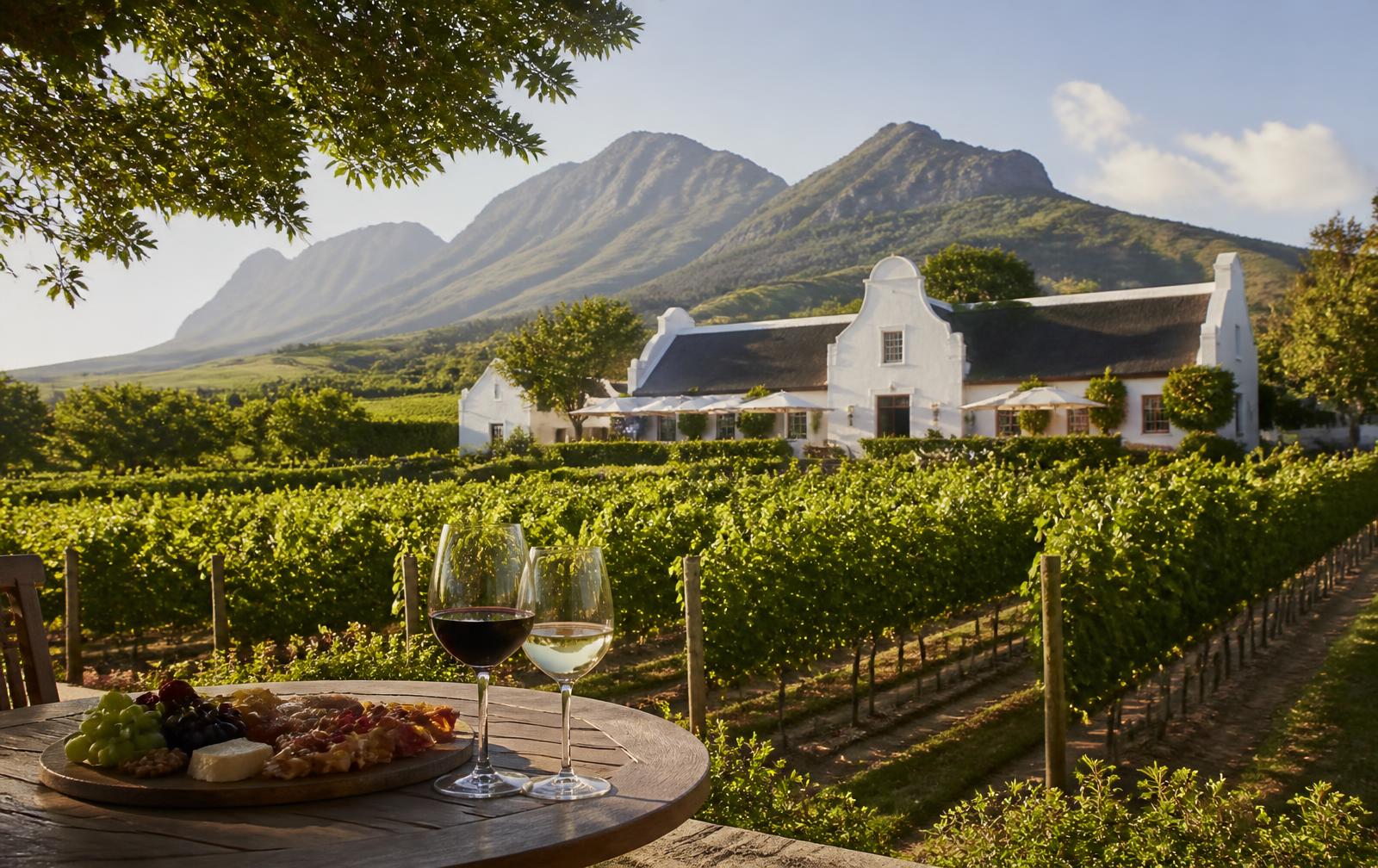 Cape Dutch wine estate with vineyards and mountains in the Cape Winelands