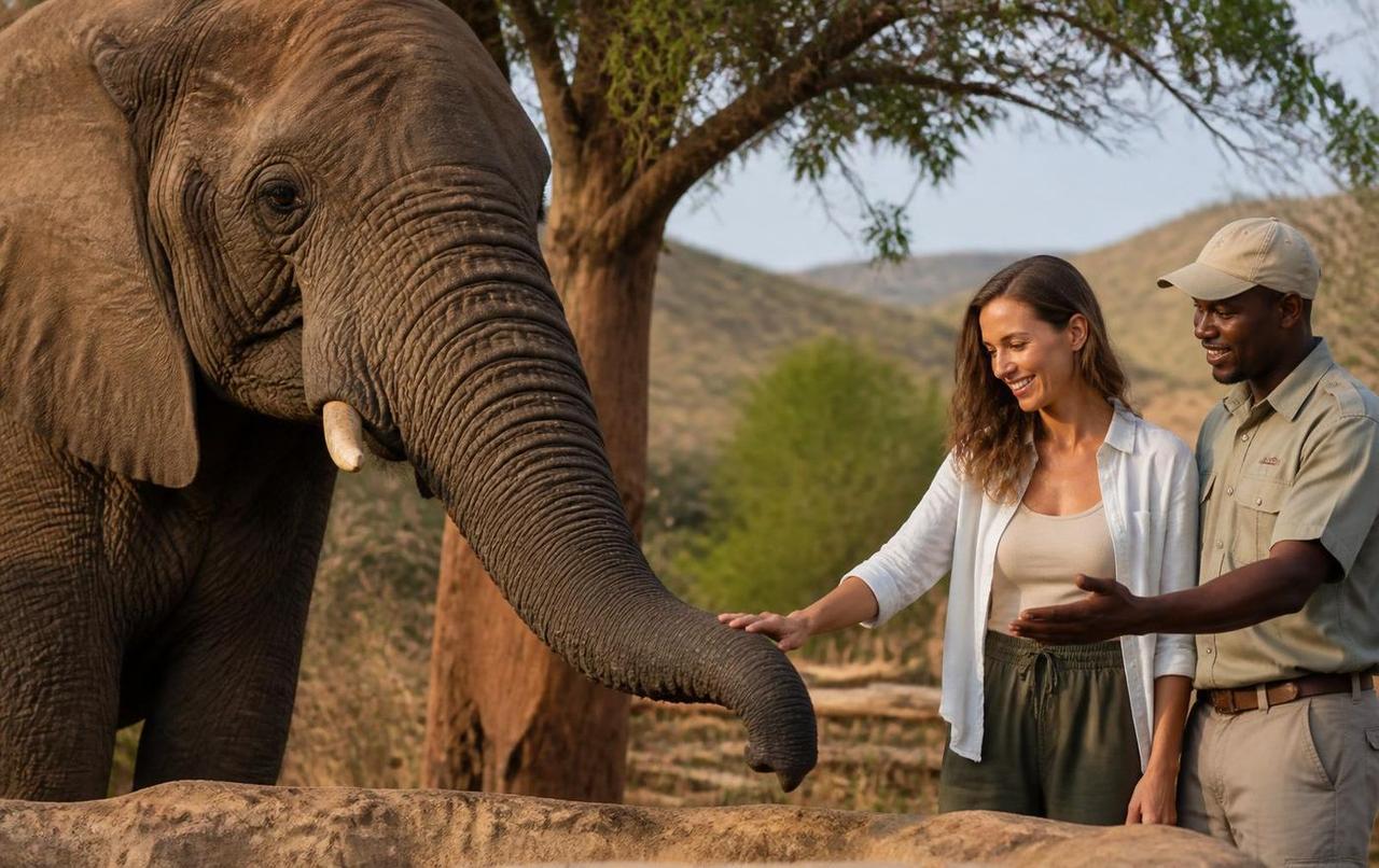 Guest meeting rehabilitated African elephant at Hartbeespoort Elephant Sanctuary