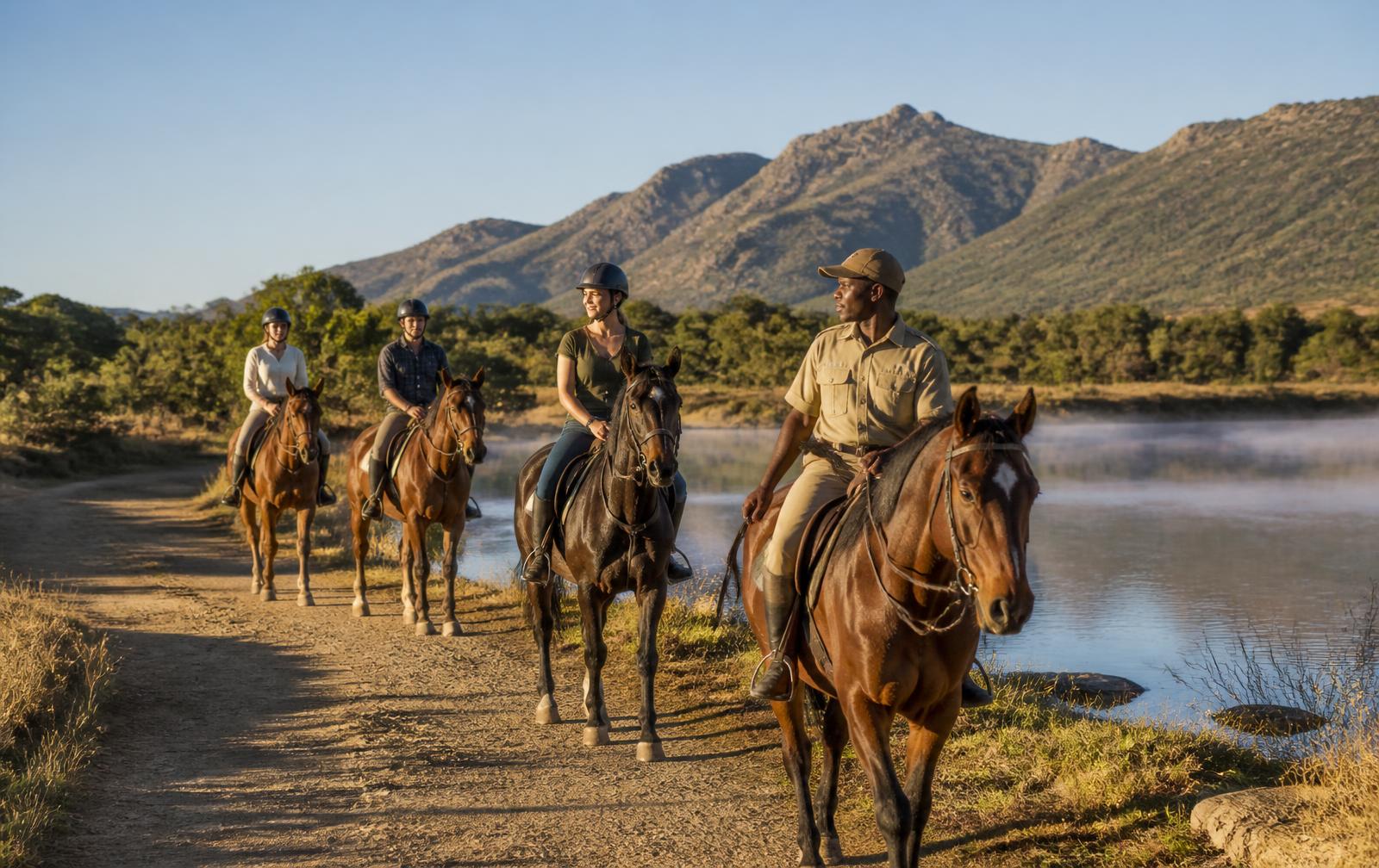 Guided horseback trail ride beside a dam with Magaliesberg mountains behind