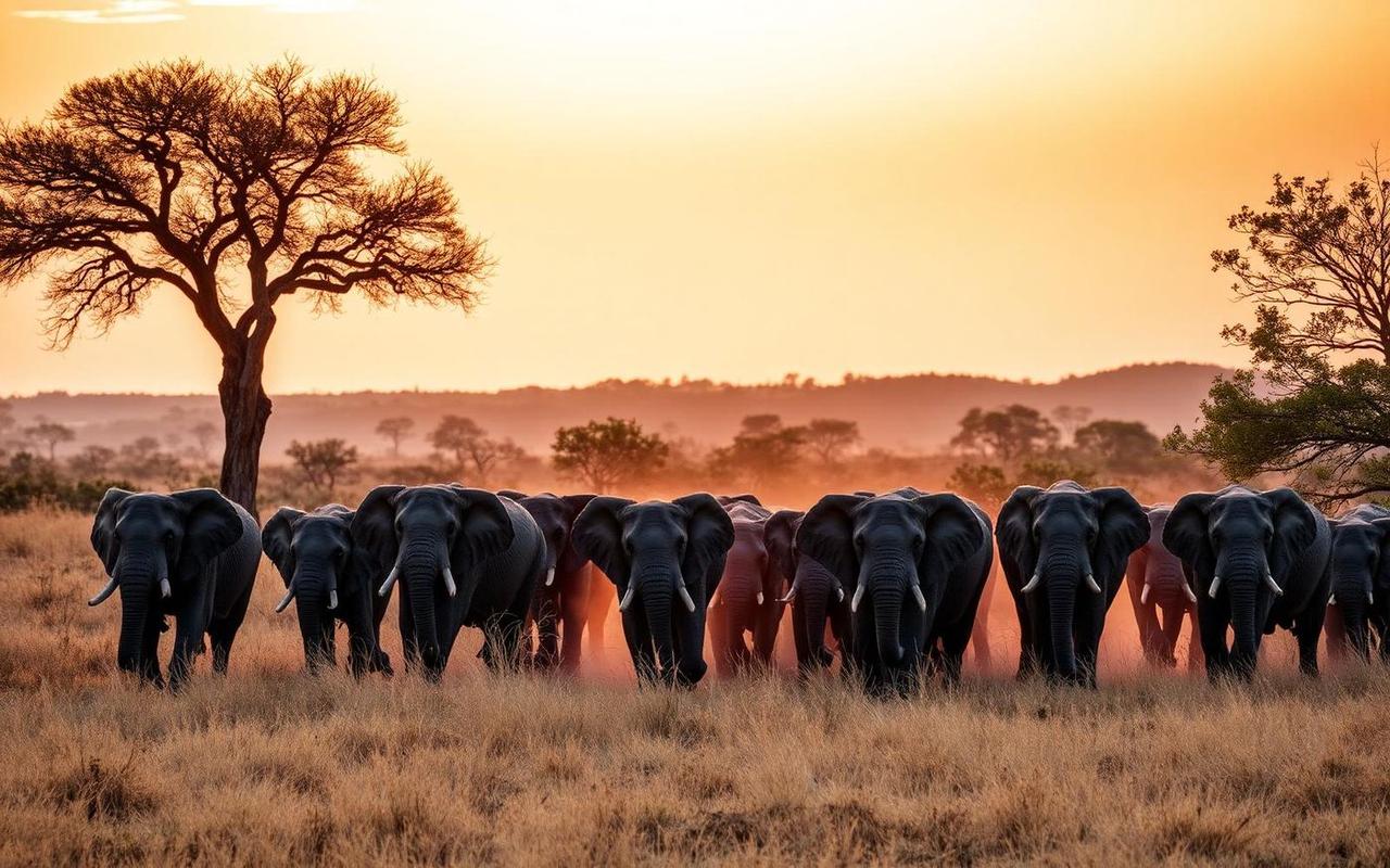 Elephant herd at sunset in Kruger National Park
