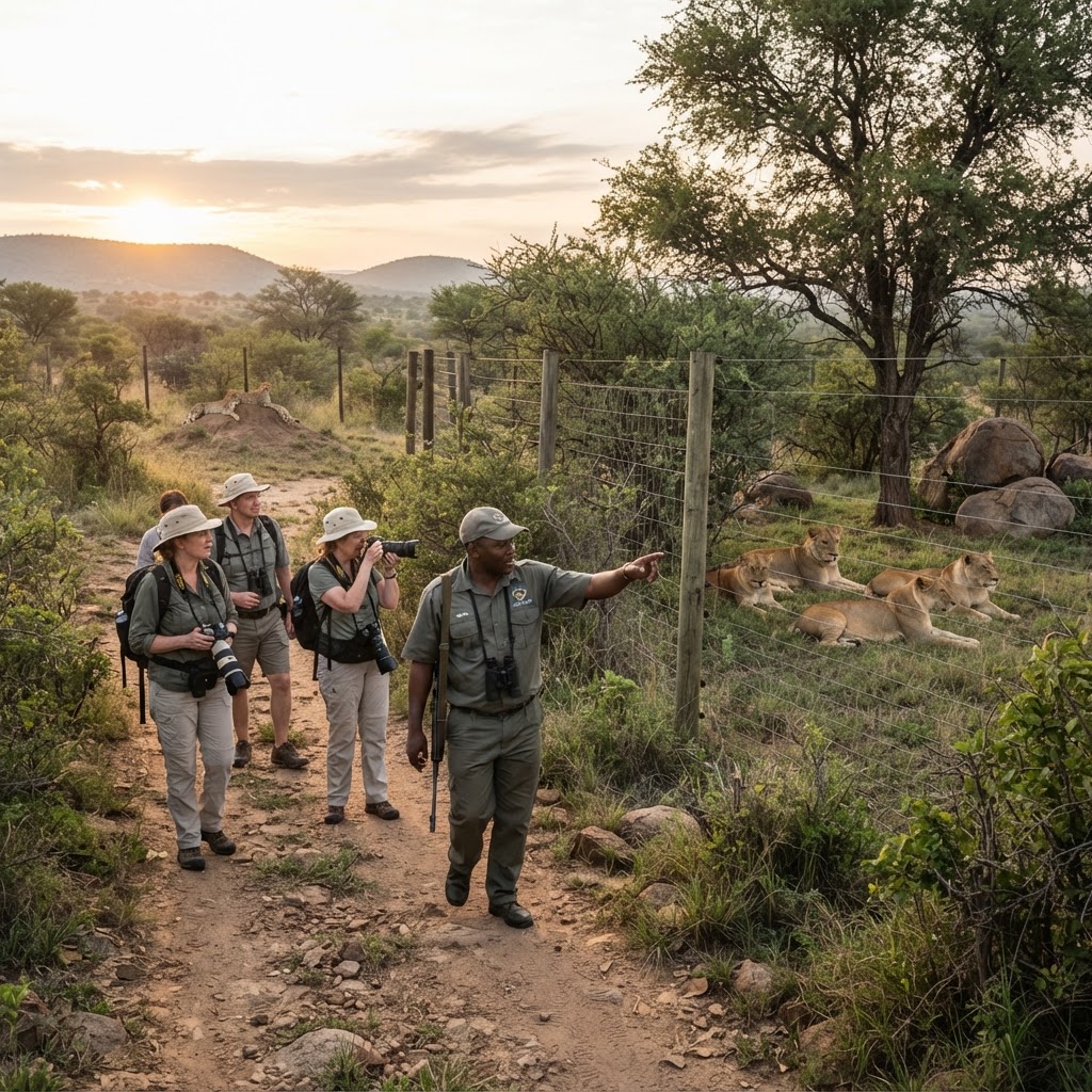Ranger and guests during Ukutula guided predator tour with lions