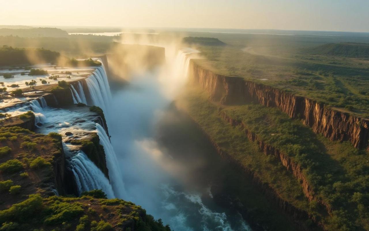 Aerial view of Victoria Falls at golden hour