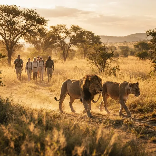 Guests walking with lions at Ukutula